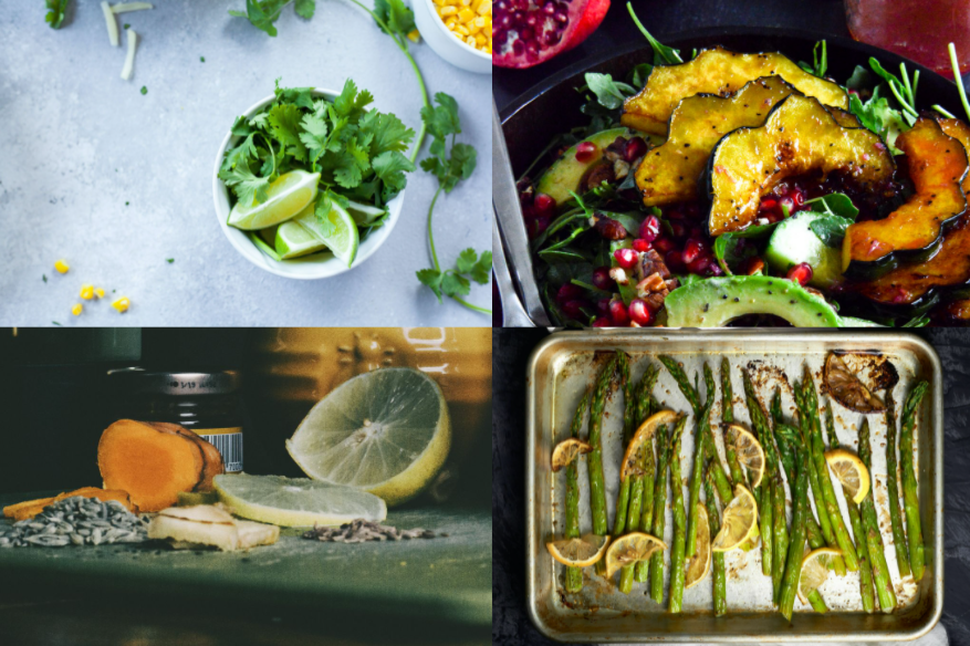 4 separate images share the frame equally. top left is a bowl of lime and parsley, top right is an arugula avocado cranberry salad, bottom left is some sliced lemon and ginger, bottom right is a pan of roasted asparagus.