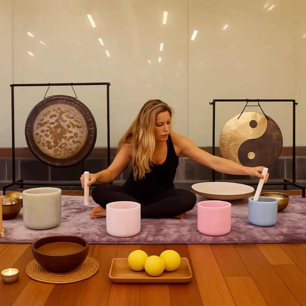 Erica Valentine playing crystal sound bowls.