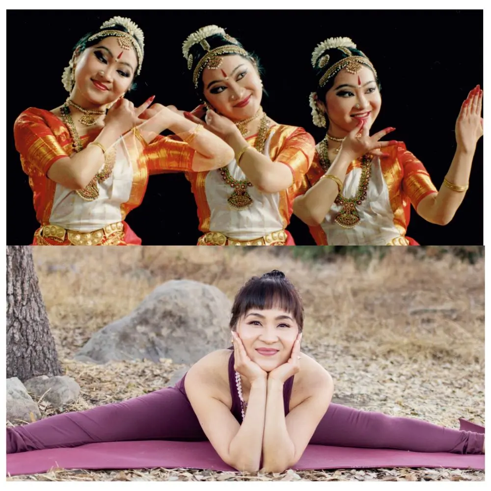 Split images of Izumi Sato: dressed in dance attire and out in nature