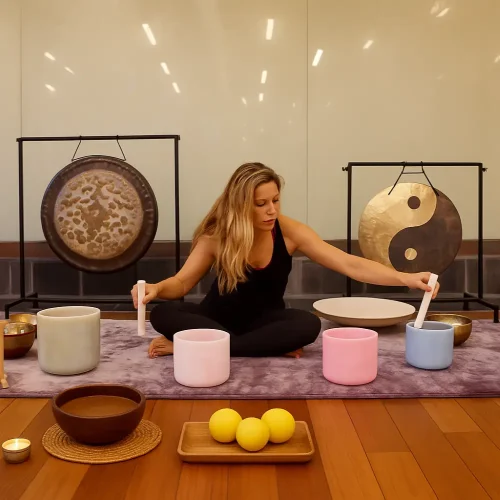 Erica Valentine playing crystal sound bowls.