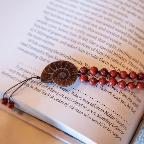 Reddish-brown mala necklace laying across an open book.