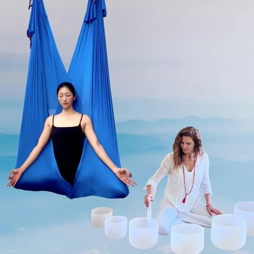 Yue Shen in a yoga aerial hammock. Maria Ortega playing crystal sound bowls.
