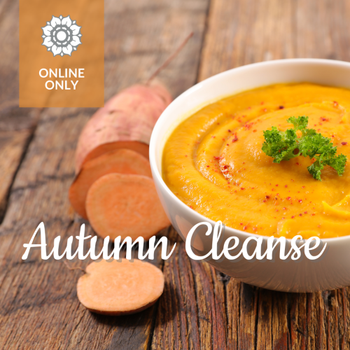 A white bowl contains pureed soup with a sprig of parsley and red spice on the top. Next to the bowl is a partial sweet potato and 3 medallions. Thumb nails reads "Only Online. The photo is titled "Autumn Cleanse."