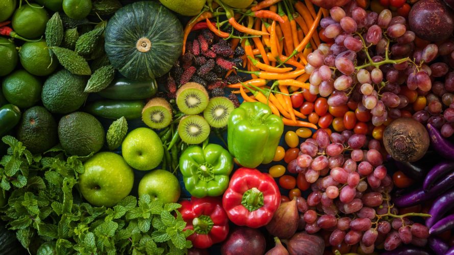 Top view different fresh fruits and vegetables organic on table top, Colorful various fresh vegetables for eating healthy and dieting