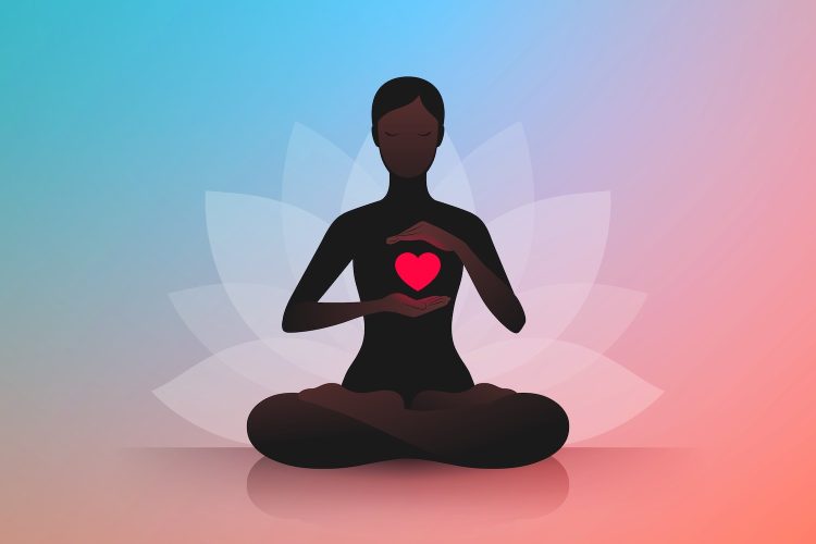 Dark silhouette of slender woman sitting in lotus position and holding hands near her red burning heart. Symbol of lotus flower at background. Concept of harmony and tranquility in heart and thoughts