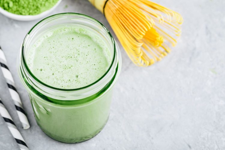 Coconut Vanilla Matcha Smoothie in glass jar