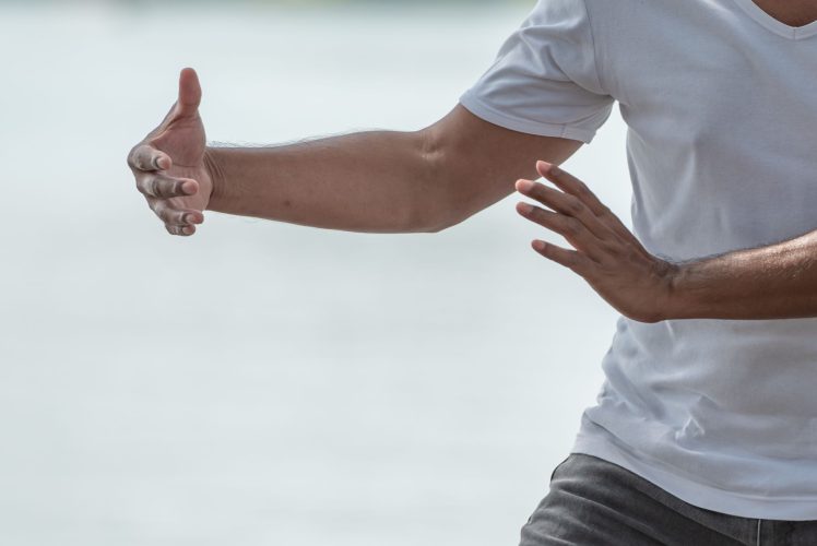 Young man practicing traditional Tai Chi Chuan, Tai Ji and Qi gong in the park for healthy, traditional chinese martial arts concept.