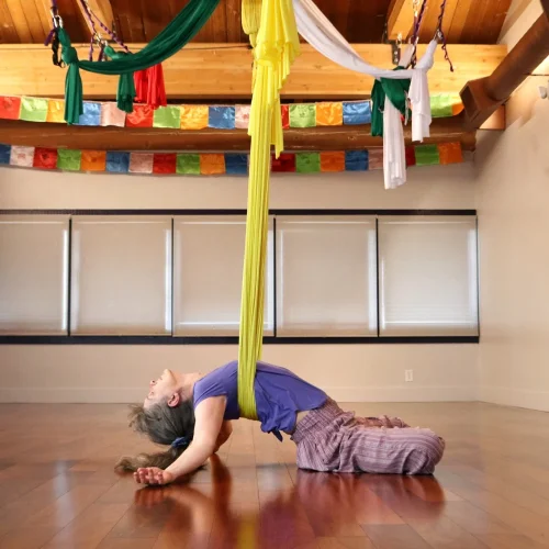 sarah in a yellow aerial hammock doing a backbend