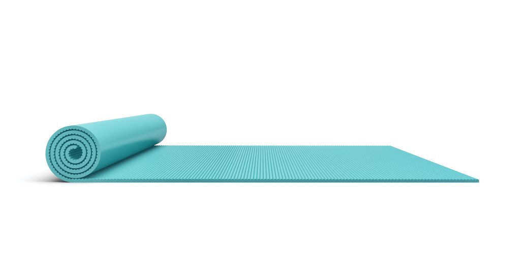 3d rendering of a blue half rolled yoga mat isolated on white background. Fitness and health. Exercise equipment. Yoga and pilates.