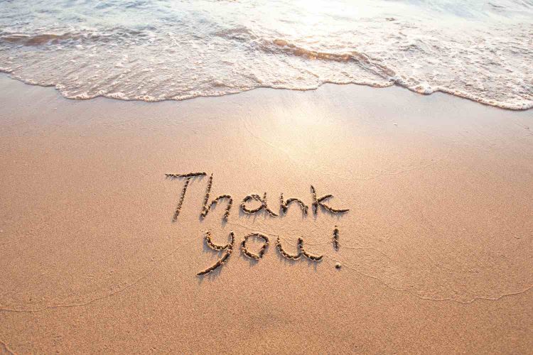 thank you, gratitude concept, beautiful card, word written on sand beach