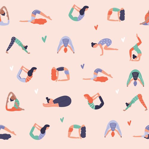 Vector seamless pattern with active young people in yoga asanas. Healthy lifestyle. Design elements